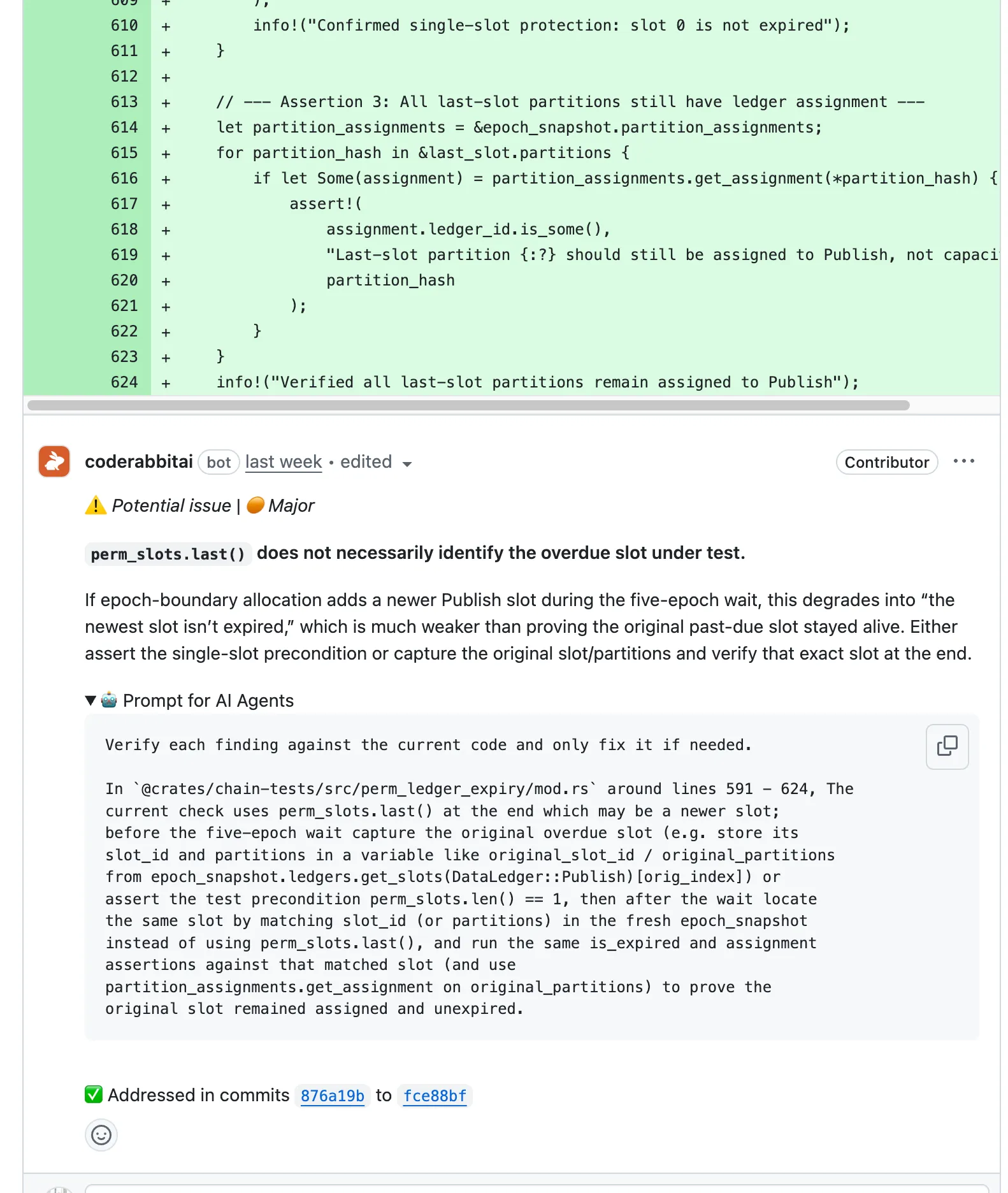 CodeRabbit catching a potential issue in a PR -- notice the "Prompt for AI Agents" section with the exact fix