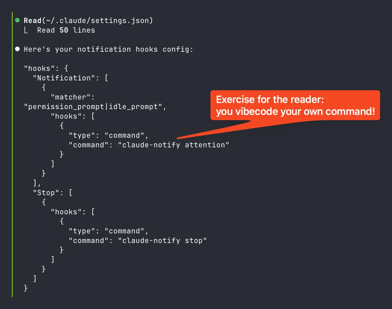 Custom notification hook configuration in settings.json