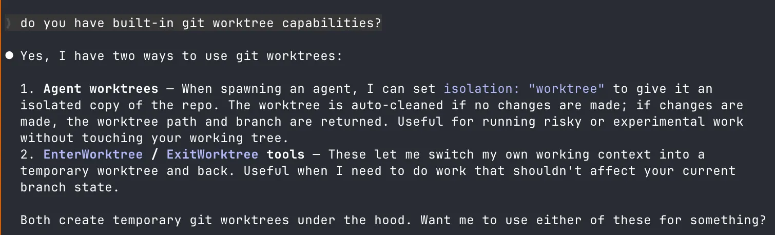 Claude explaining its built-in worktree capabilities